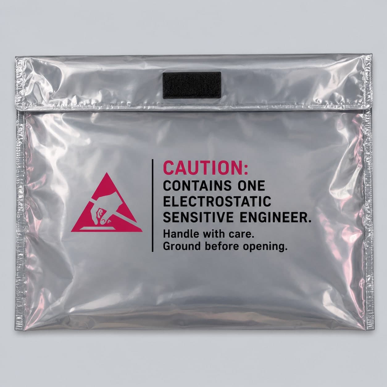 Silver static-shielding laptop sleeve with a pink ESD warning triangle and the words Caution: contains one electrostatic sensitive engineer. Handle with care. Ground before opening.