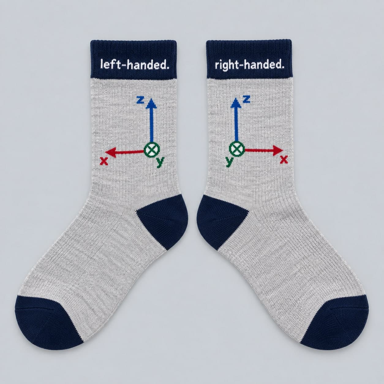 Pair of grey crew socks with navy cuffs, each knitted with x, y and z axis arrows, the right sock labelled right-handed and the left sock left-handed
