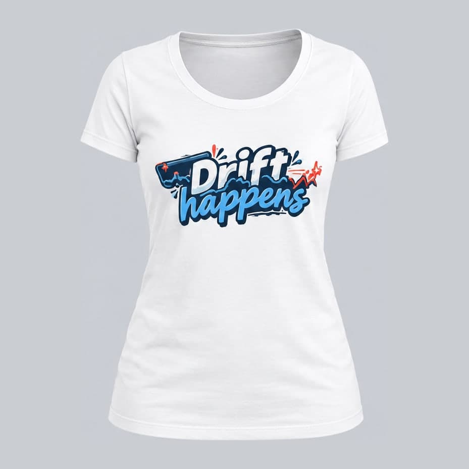 White tee, front, printed with the words Drift happens in blue beside a small signal trace