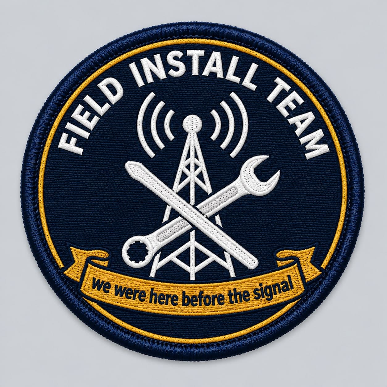 Round navy embroidered crest reading Field install team, with an antenna mast and crossed tools above a gold ribbon reading we were here before the signal