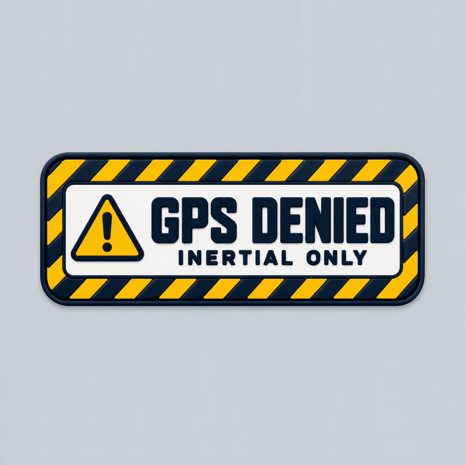 Rectangular PVC patch styled as a yellow and navy hazard label reading GPS DENIED, inertial only