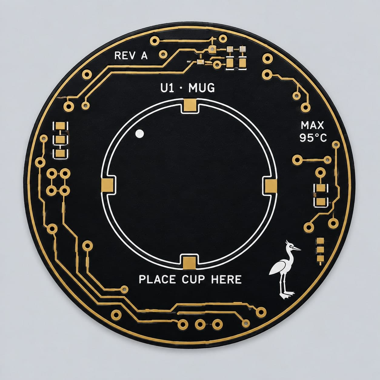 Round black circuit board coaster with gold traces and a circular footprint in the middle labelled U1 · MUG and Place cup here, with a small heron in one corner