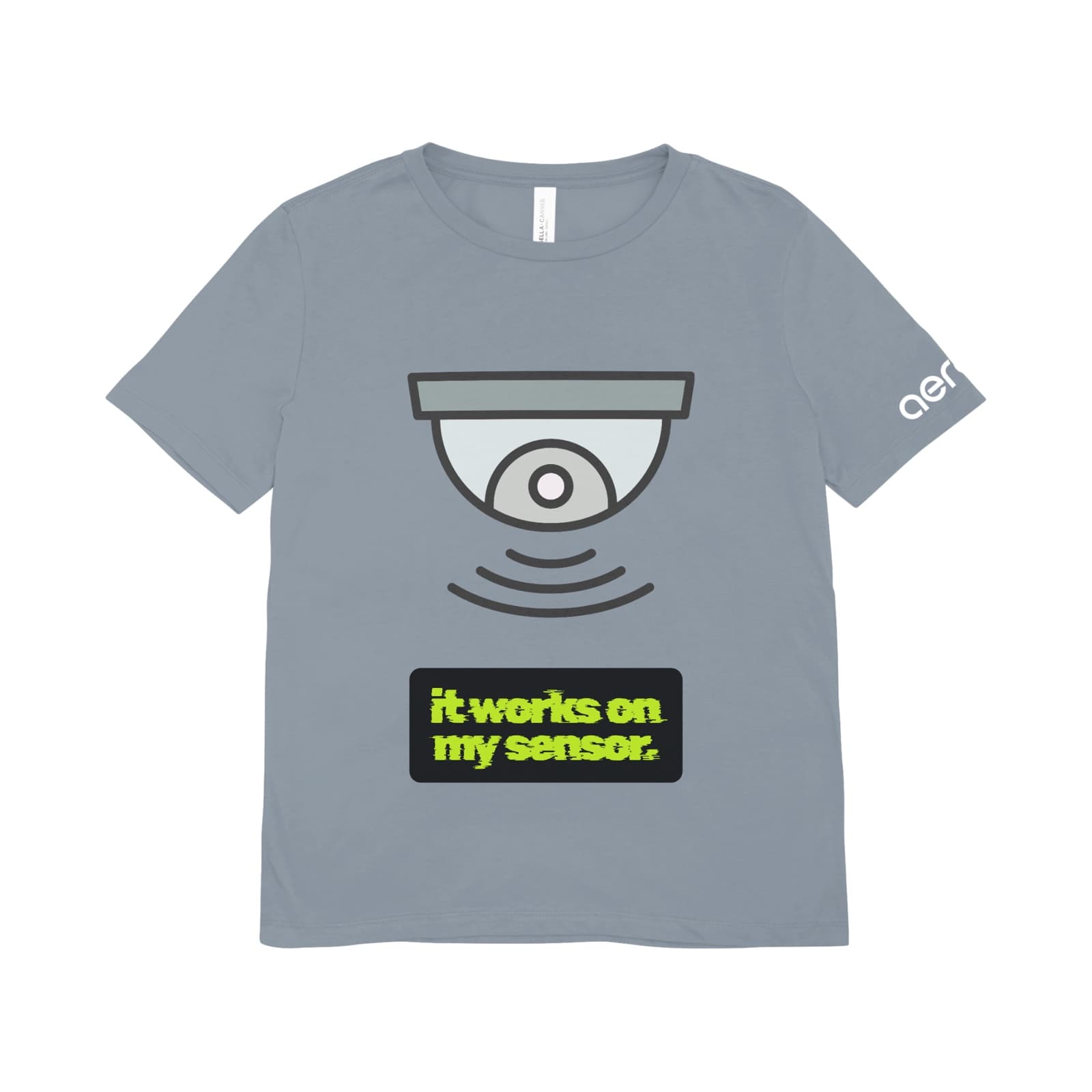 Grey tee printed with a dome sensor sending signal waves above the words it works on my sensor