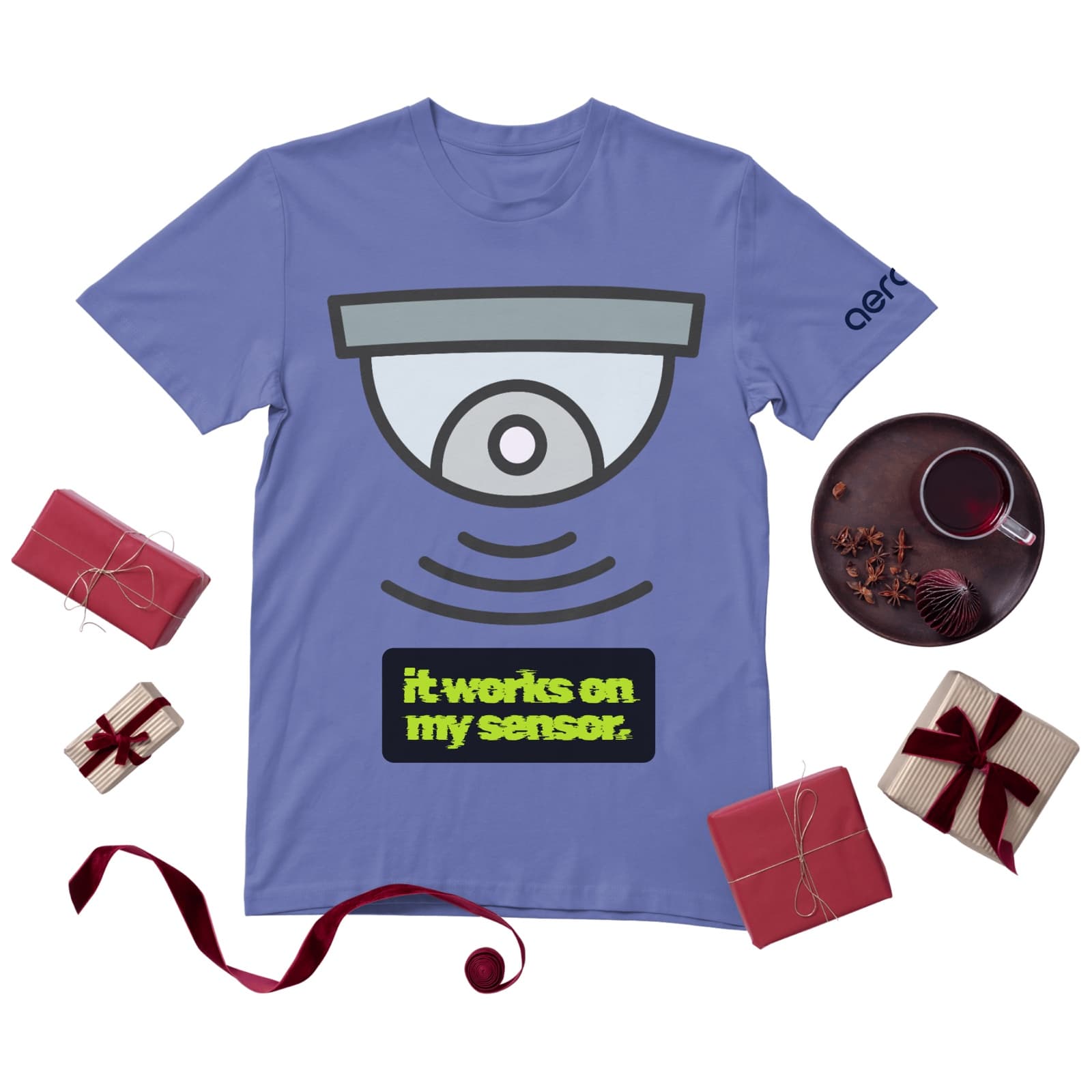 Periwinkle tee printed with a dome sensor sending signal waves above the words it works on my sensor